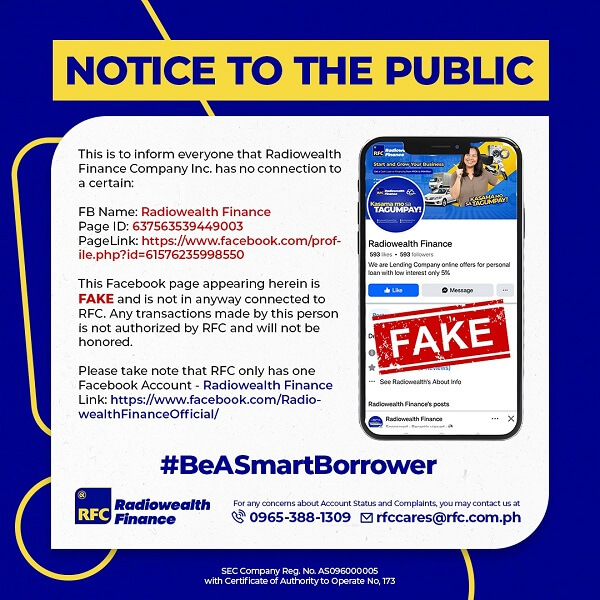 Mr. Arstel D. Bernaldez, Credit Investigator of RFC Tandag Branch is no longer connected nor affiliated with Radiowealth Finance Company Inc. since October 30, 2025